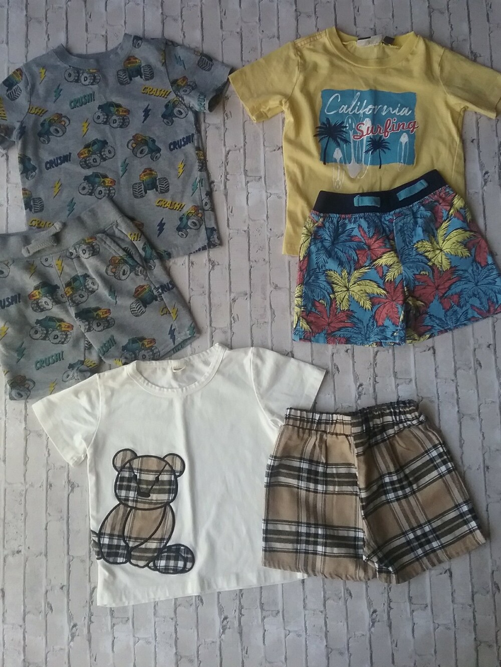 Kids Summer Tee & Shorts 3-Pack — Yellow Surf, Palm Print, Plaid 2T